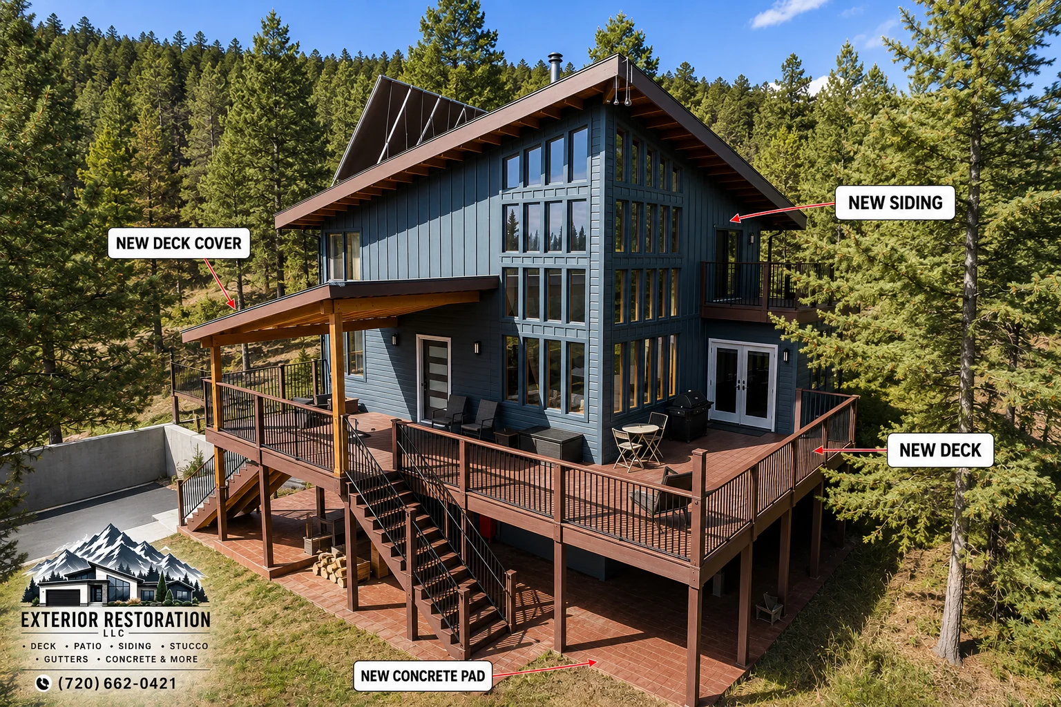 Modern home with new composite decking, cable railings, covered deck, and new siding among evergreen trees