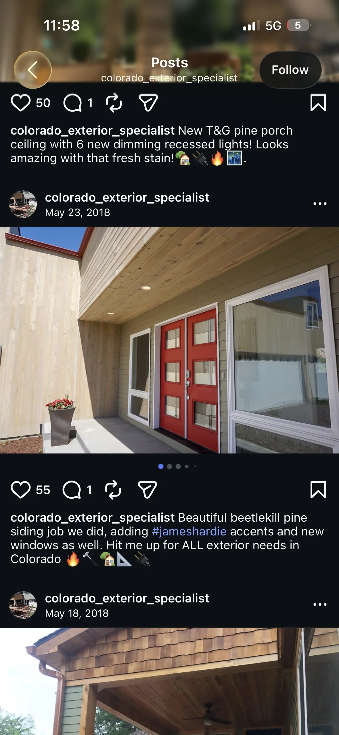 Beetle kill pine siding with red entry doors, white trim, and stained wood porch ceiling