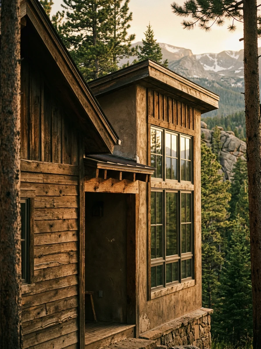Stucco and wood siding exterior of Bailey cabin-style home with large windows and mountain landscape