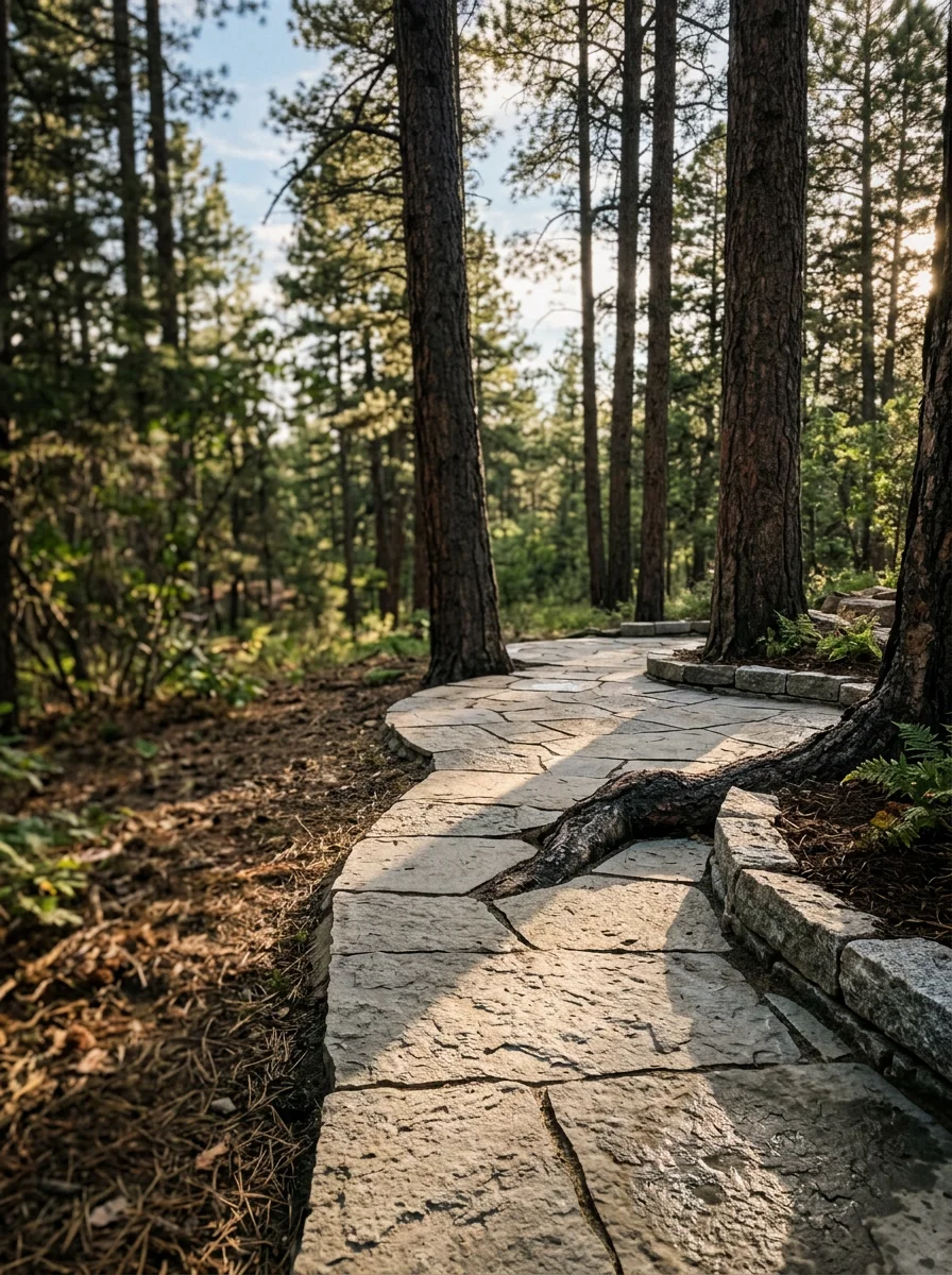 Patio installation in Black Forest showing stone work integrated with forest floor and tree root zones