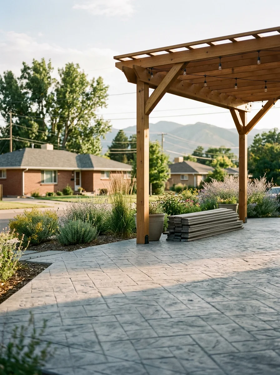 Stamped concrete patio with pergola shade structure on level Brighton residential lot, showing proper drainage slope