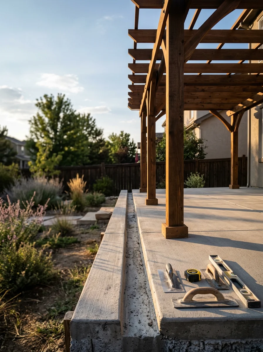 Concrete patio with pergola in Broomfield backyard, showing proper drainage and frost-protected foundation detail