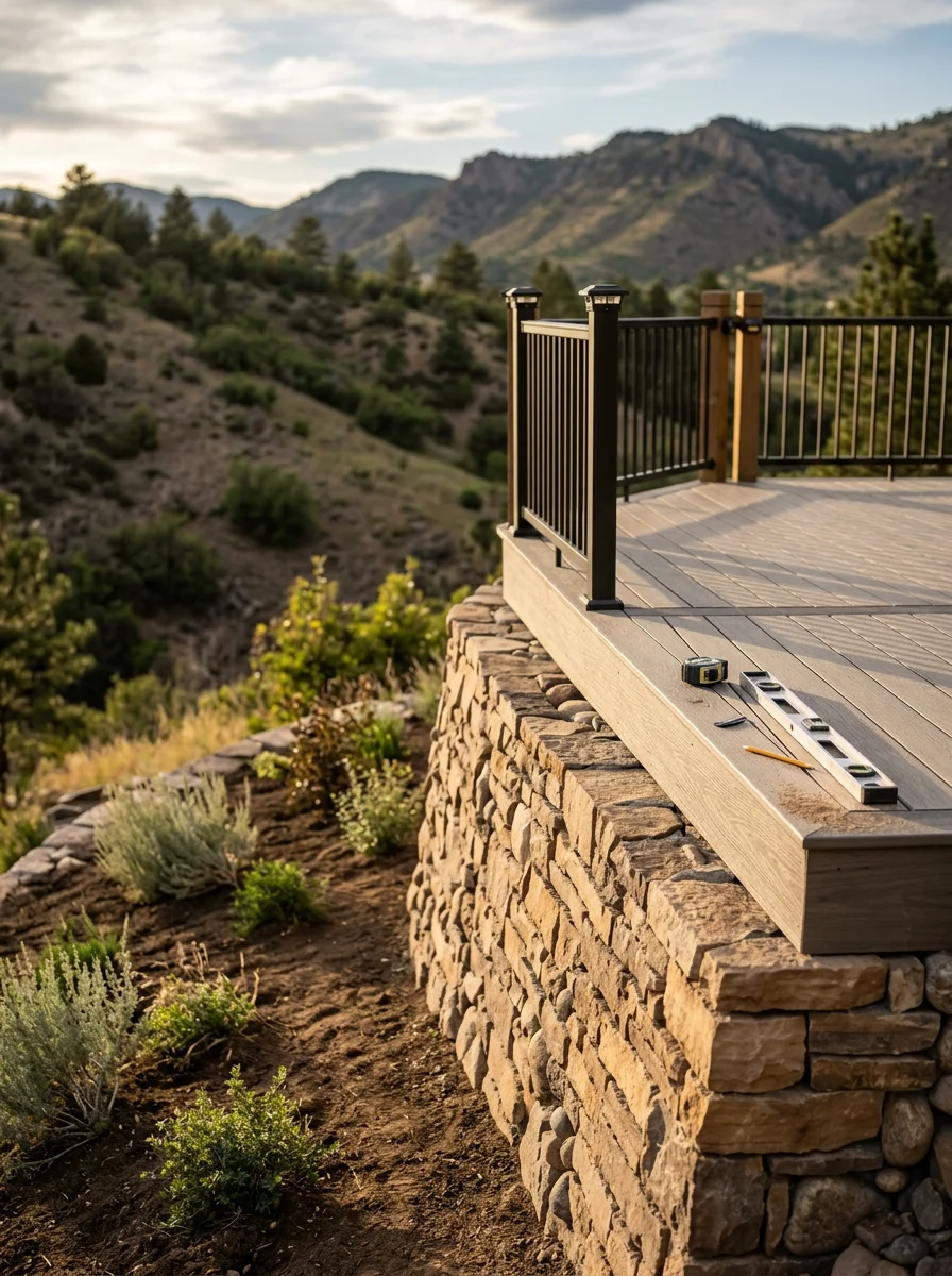 Patio installation on sloped terrain with retaining wall and natural stone in Castle Pines