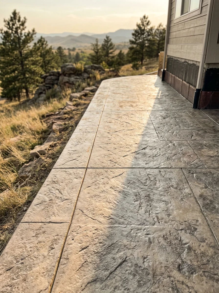 Stamped concrete patio with proper drainage slope and frost-protected footings designed for Castle Rock's freeze-thaw cycles and bentonite clay
