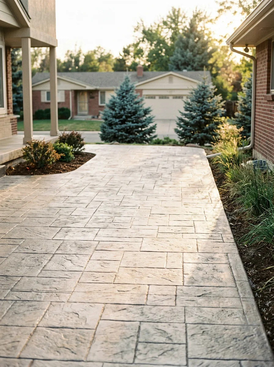 Stamped concrete patio with proper grading in Centennial neighborhood, built to handle freeze-thaw cycles and heavy clay soil