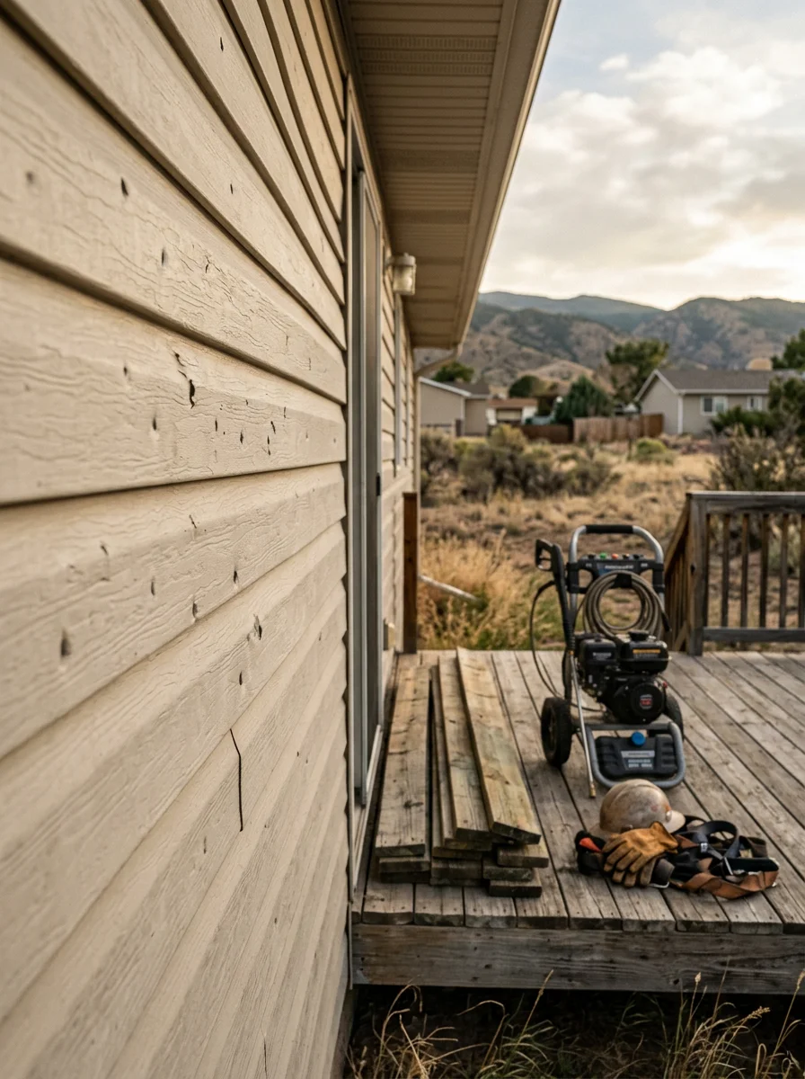 Hail-damaged vinyl siding and wood deck on a 1970s Cimarron Hills home awaiting restoration