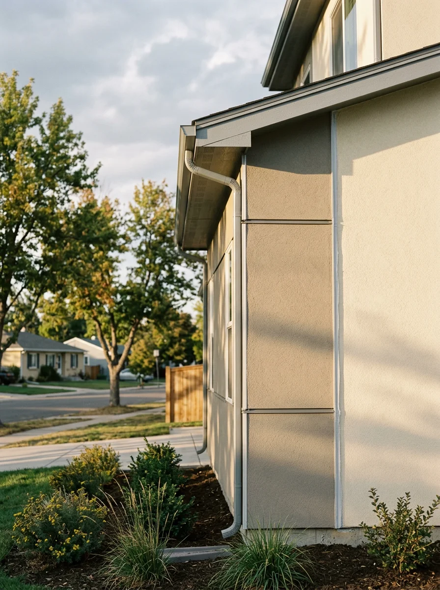 Newly installed stucco siding on contemporary Commerce City home with proper drainage and freeze-resistant finish
