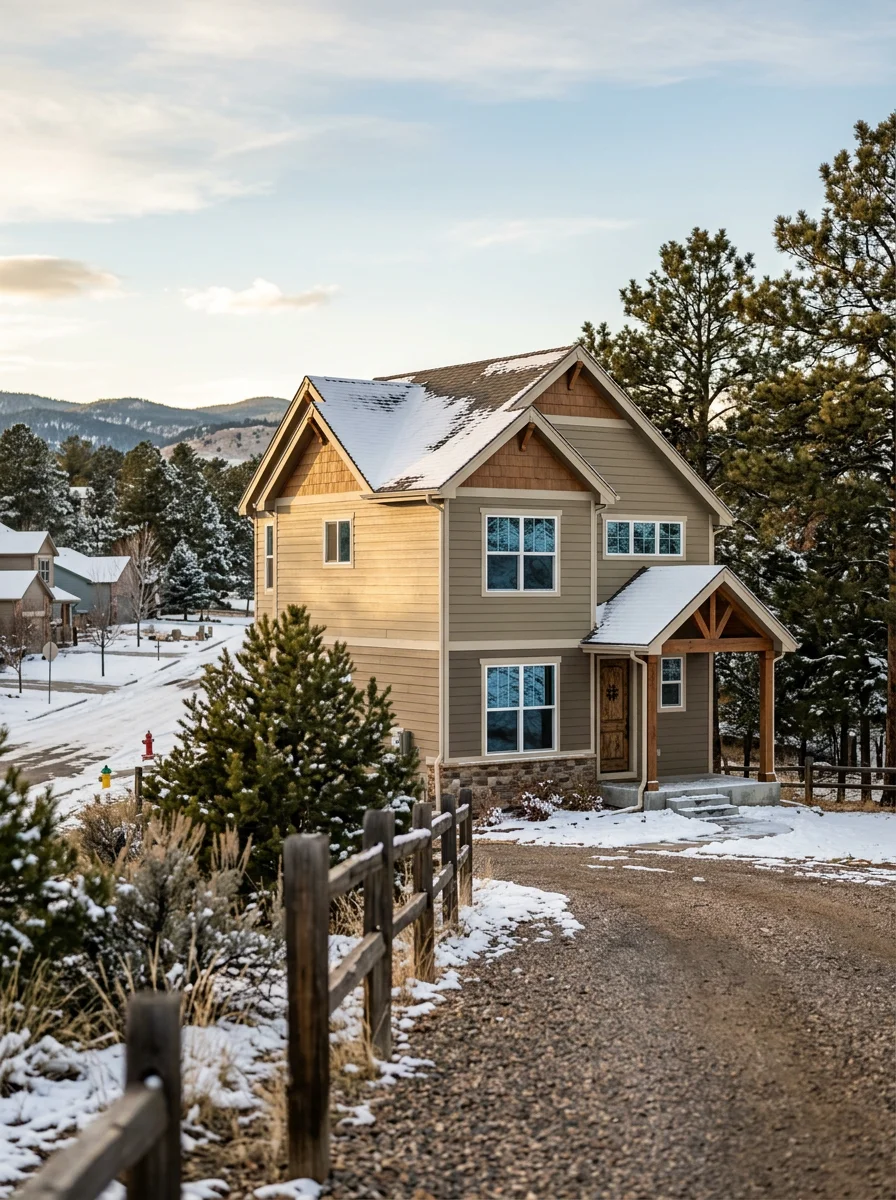 Newly installed siding on Elizabeth home with snow-covered roof and evergreen trees