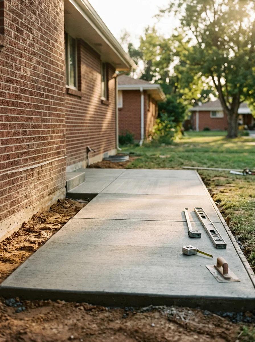 Concrete patio with proper drainage slope installed on clay soil in 1950s Englewood home with brick siding