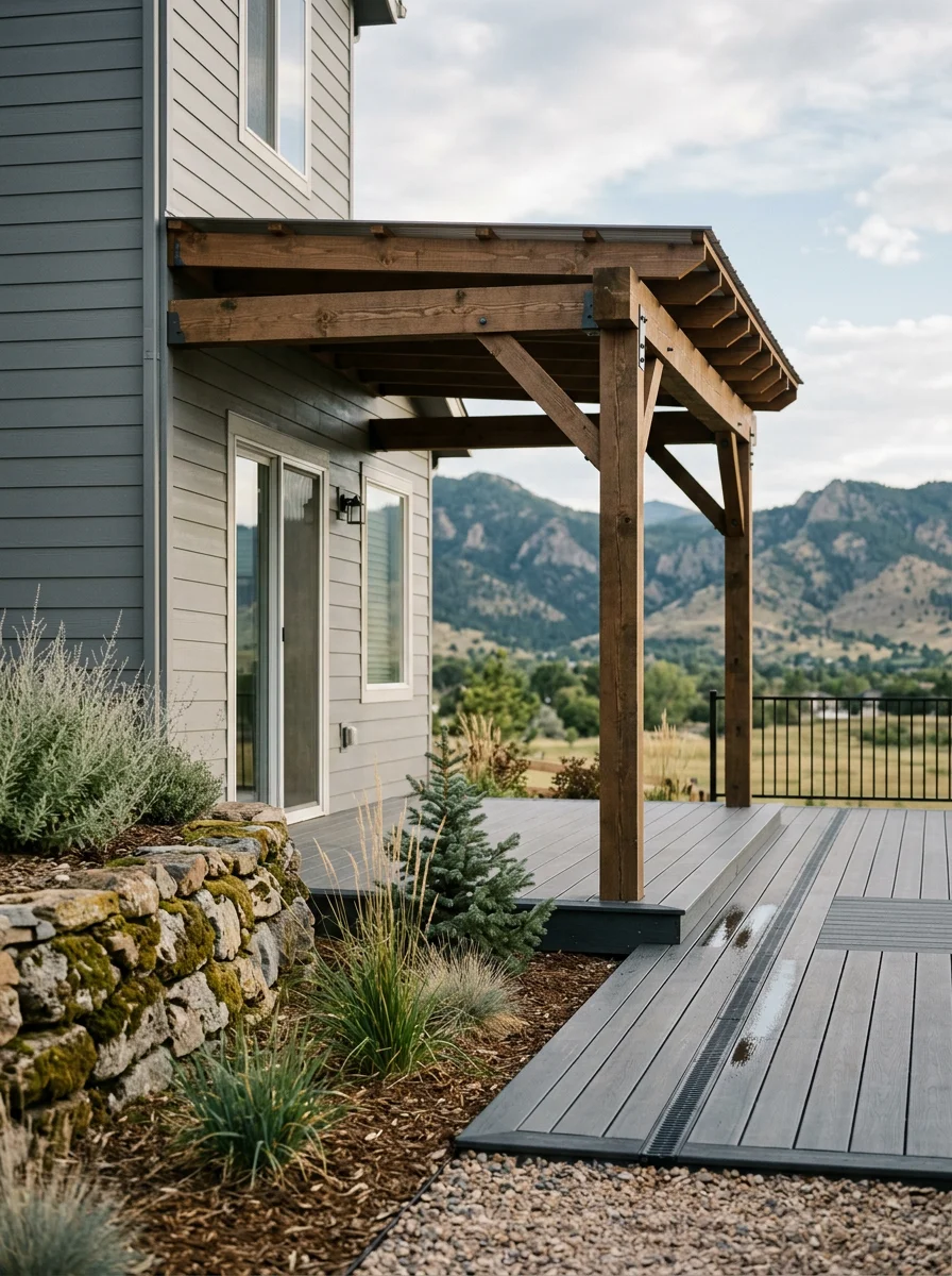 Covered patio with pergola attached to newer construction home in Erie, showing mountain views and proper snow drainage