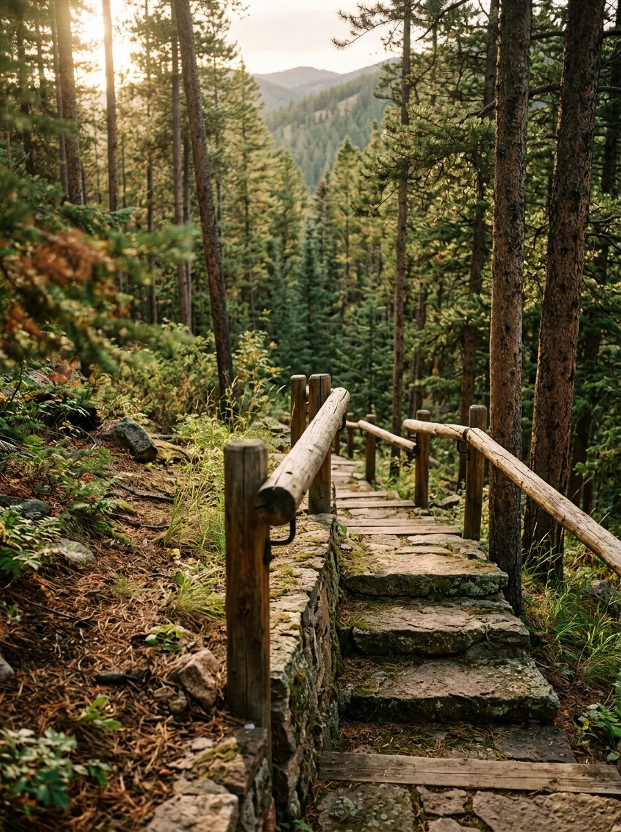 Stone patio on sloped terrain with mature pine trees and mountain views
