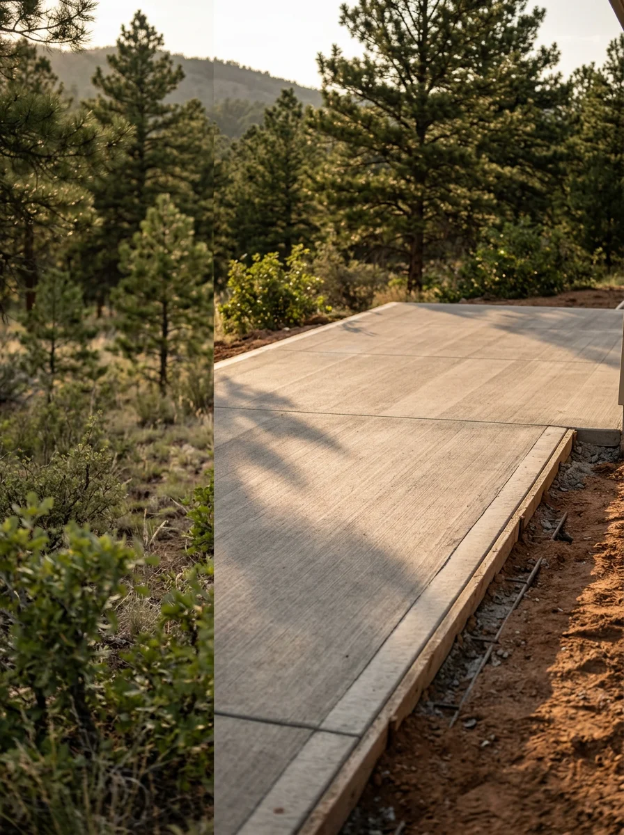 Concrete patio with reinforced footings installed in Falcon clay soil, showing proper drainage slope