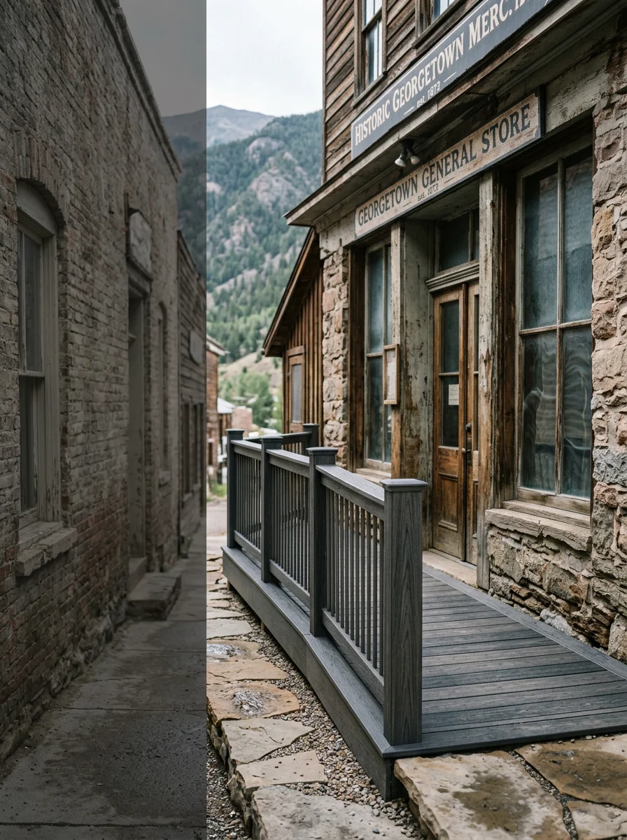 Deck and patio installation on mountain slope with Clear Creek valley view and freeze-thaw-resistant materials