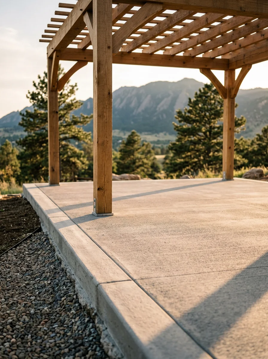 Concrete patio with pergola in Golden home, showing proper drainage slope and frost-protected foundation design