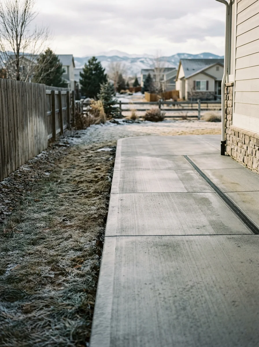 Concrete patio with proper drainage grading in Greeley residential backyard during winter
