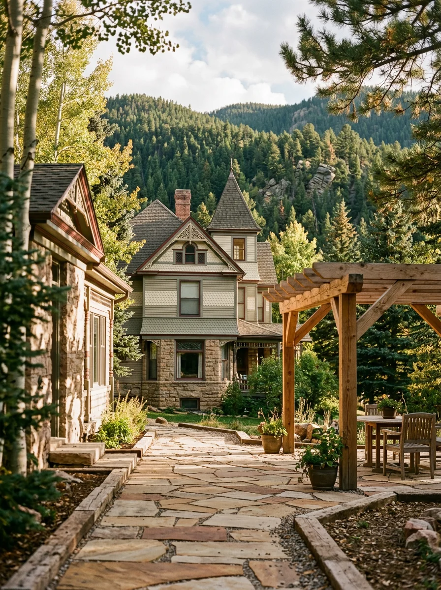 Historic Victorian home in Idaho Springs with newly installed stone patio and timber pergola, blending period architecture with modern mountain construction