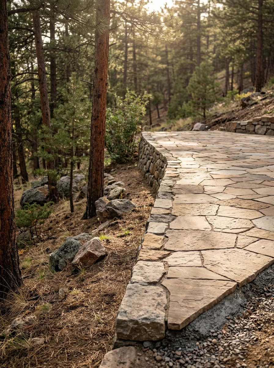 Stone patio with proper drainage grading on steep Jamestown terrain, surrounded by pine forest