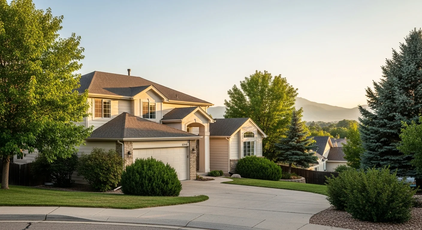 Suburban Littleton home with mature landscaping and driveway in afternoon sunlight.