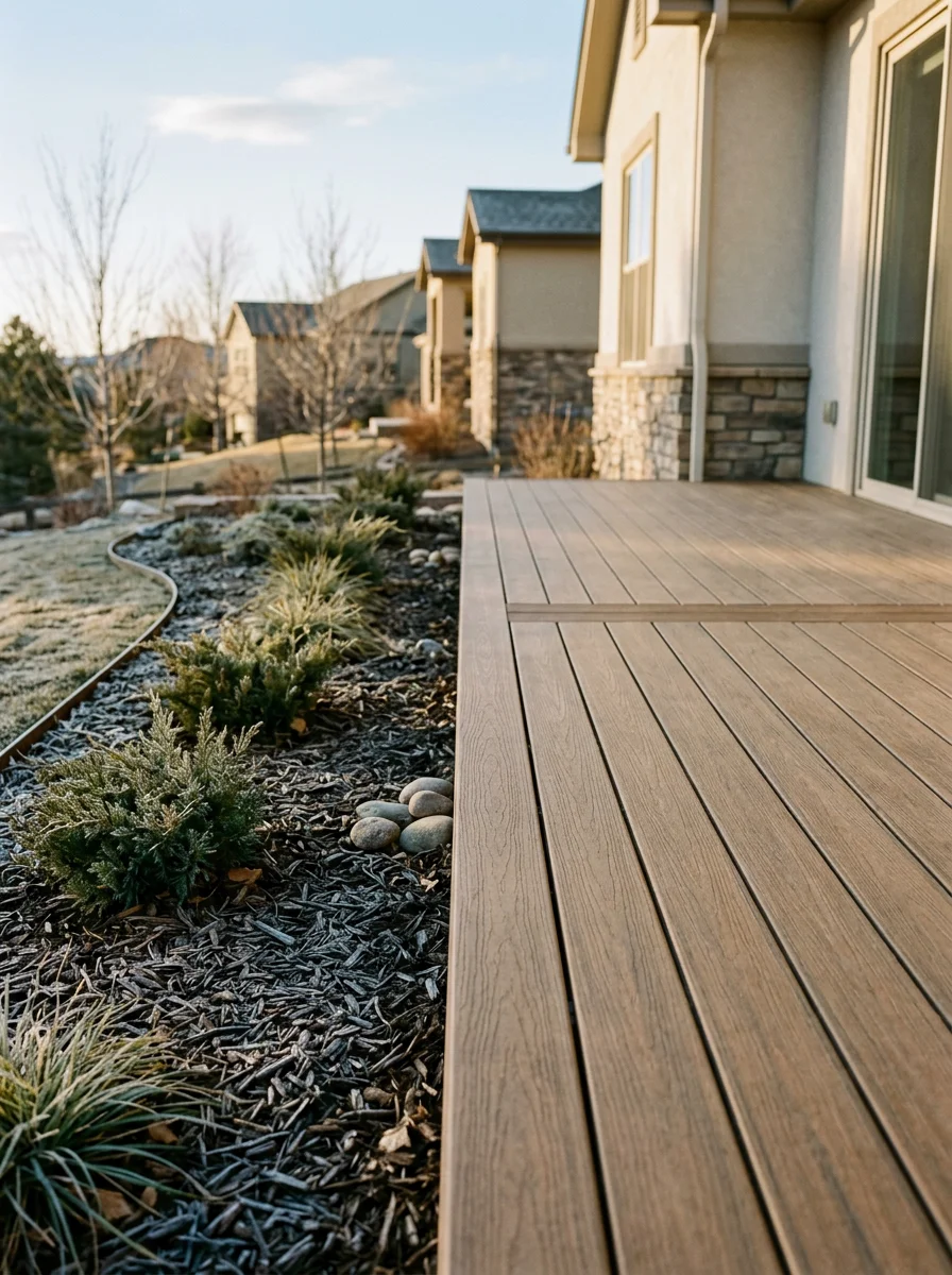Newly installed patio with stucco-sided home in Lone Tree neighborhood during winter