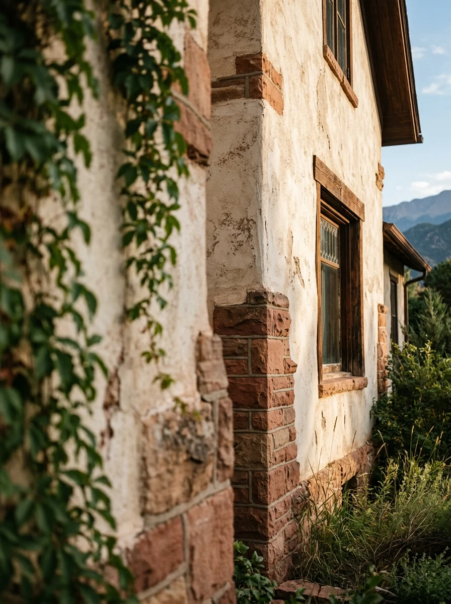 Stucco-finished exterior wall with stone accents on historic Manitou Springs home