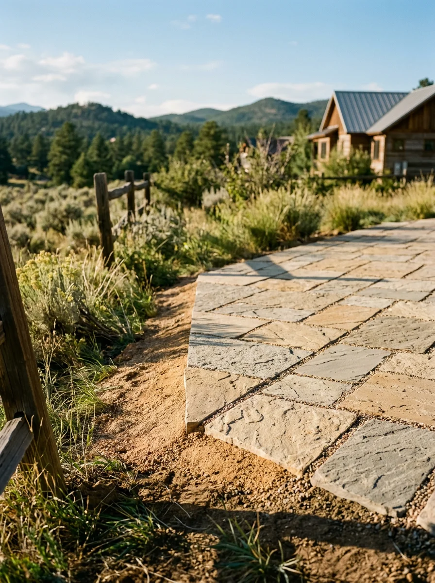 Stone patio with permeable base installed on Monument's granite-decomposition soil, showing proper drainage slope