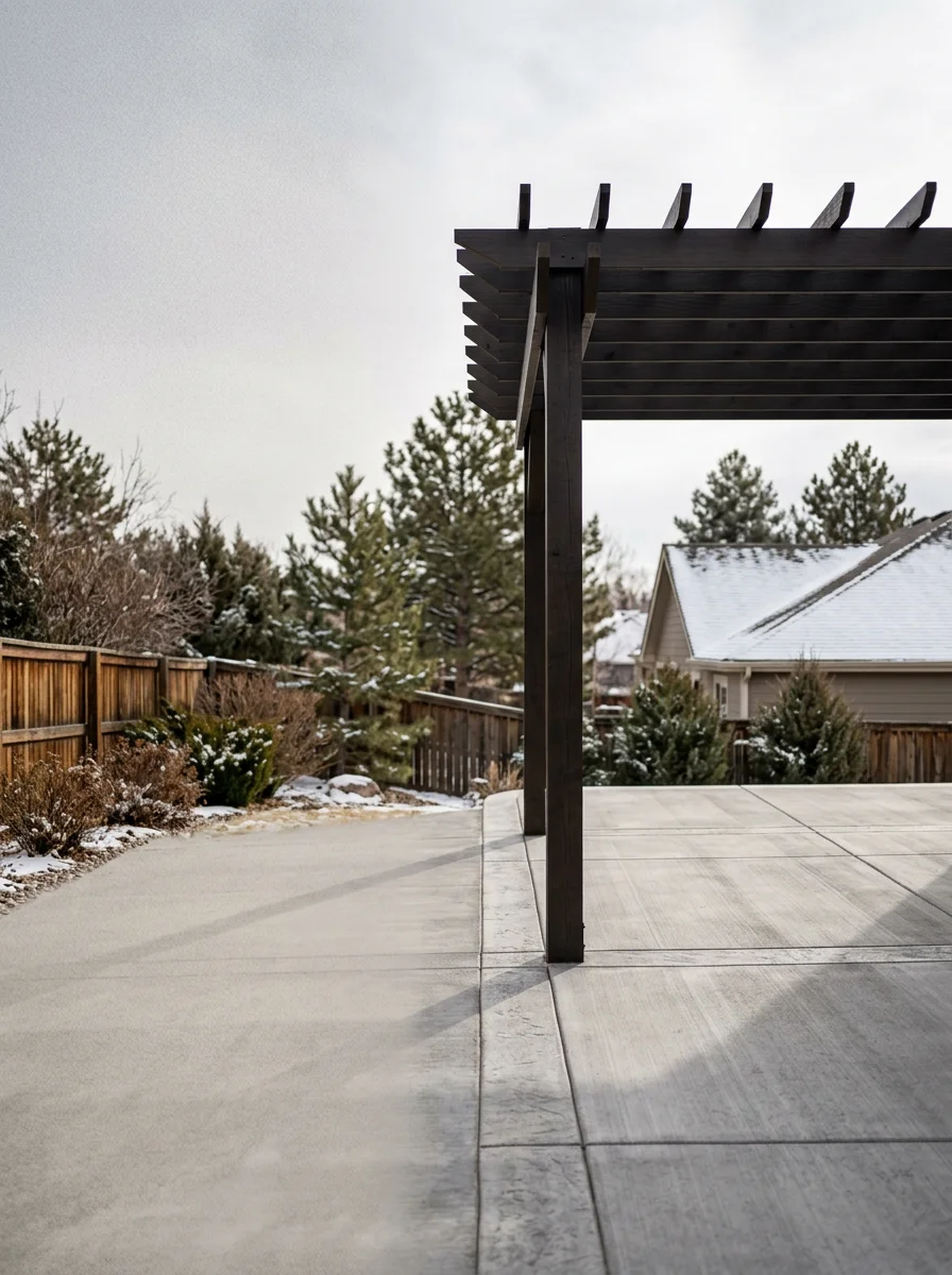 Concrete patio with pergola on modest Northglenn lot, winter snow visible on roof