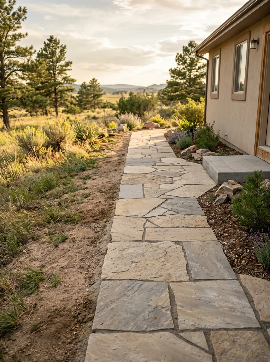 Stone patio with proper drainage grading in Peyton residential landscape