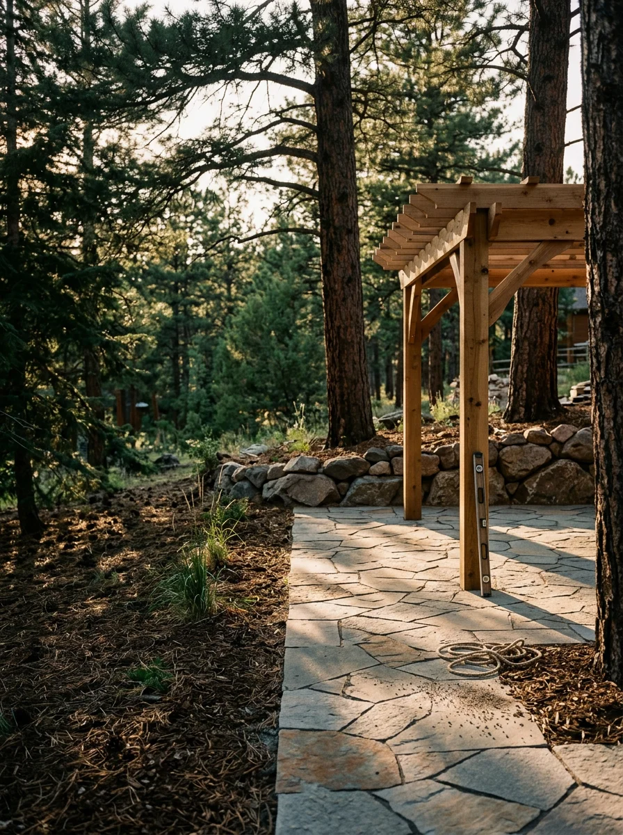 Stone patio and pergola installation on a sloped lot surrounded by mature ponderosa pines