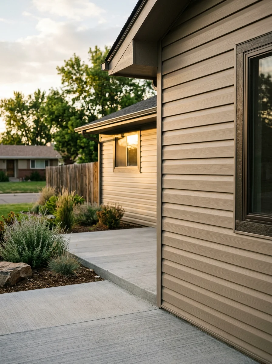 Restored siding and concrete patio on 1970s ranch home in south Thornton