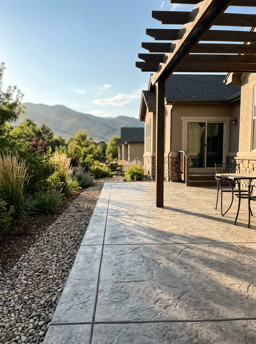 Concrete patio with pergola and stucco siding on Wheat Ridge home, mountains visible in distance