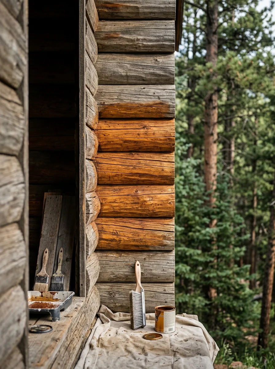 Siding repair on log cabin in Woodland Park, showing weather-resistant stain application on north-facing wall