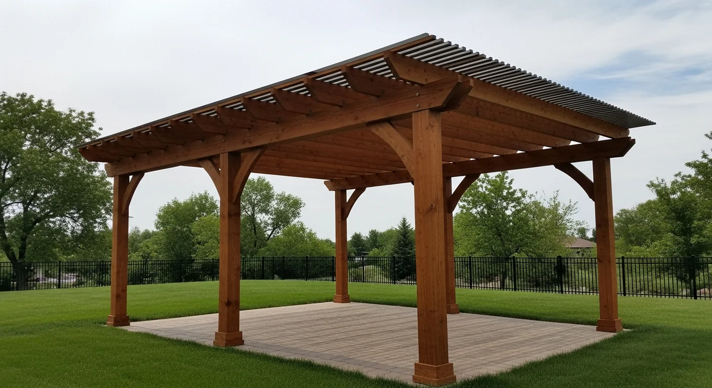 A custom wood pergola installed over a backyard patio at a Littleton, Colorado home, with open beam rafters casting filtered shade across an outdoor seating area. The structure sits on anchored posts against a backdrop of a Colorado residential yard.