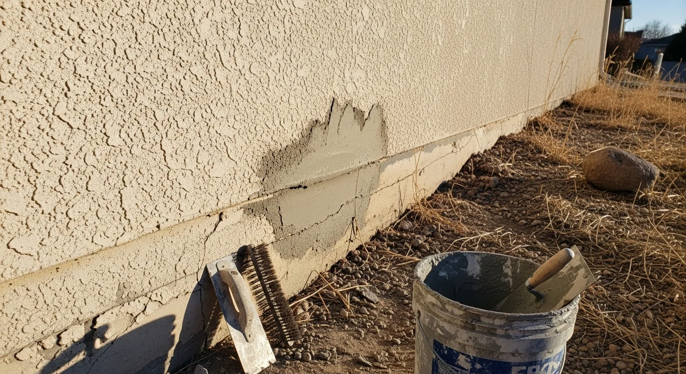 Close-up of a repaired stucco exterior on a Littleton, Colorado home, showing a smooth, freshly patched wall section with consistent texture blending into the surrounding finish. A contractor inspects the completed repair along the front elevation of a single-family home.